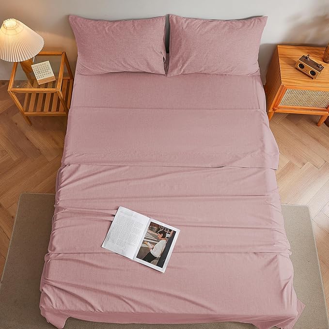 Full Sheets Wine Red, Ultral Soft Cationic Linen Look Sheets, Luxury Cooling Cozy Bed Sheet Set with Non-Slip Fitted Sheet