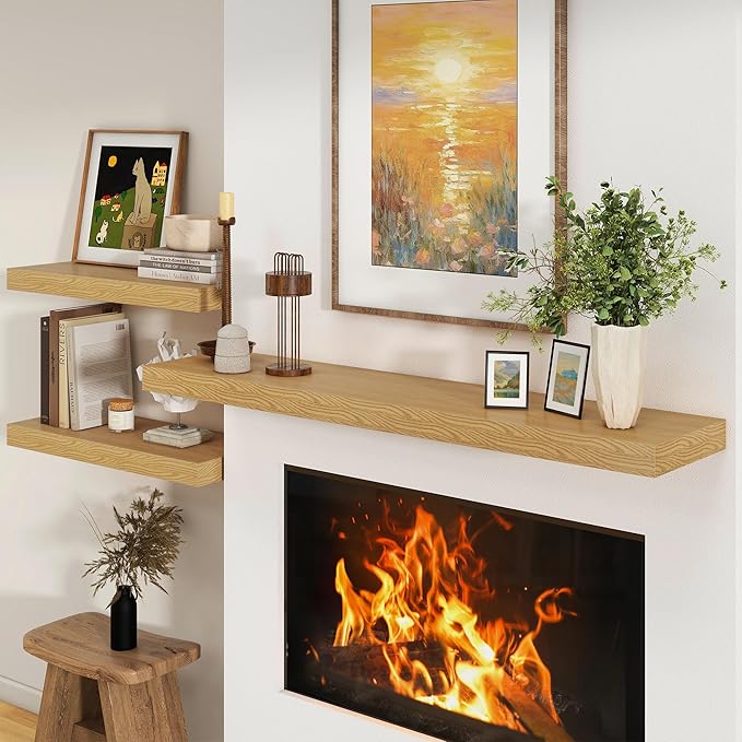 Deep Floating Shelves for Wall - 55 Inch Wide x 12 Inch Deep Wall Shelves Set of 1 - Rustic Oak Color Wood Shelves for Living Room, Bathroom, Laundry Room, Bedroom, Kitchen, Home Office