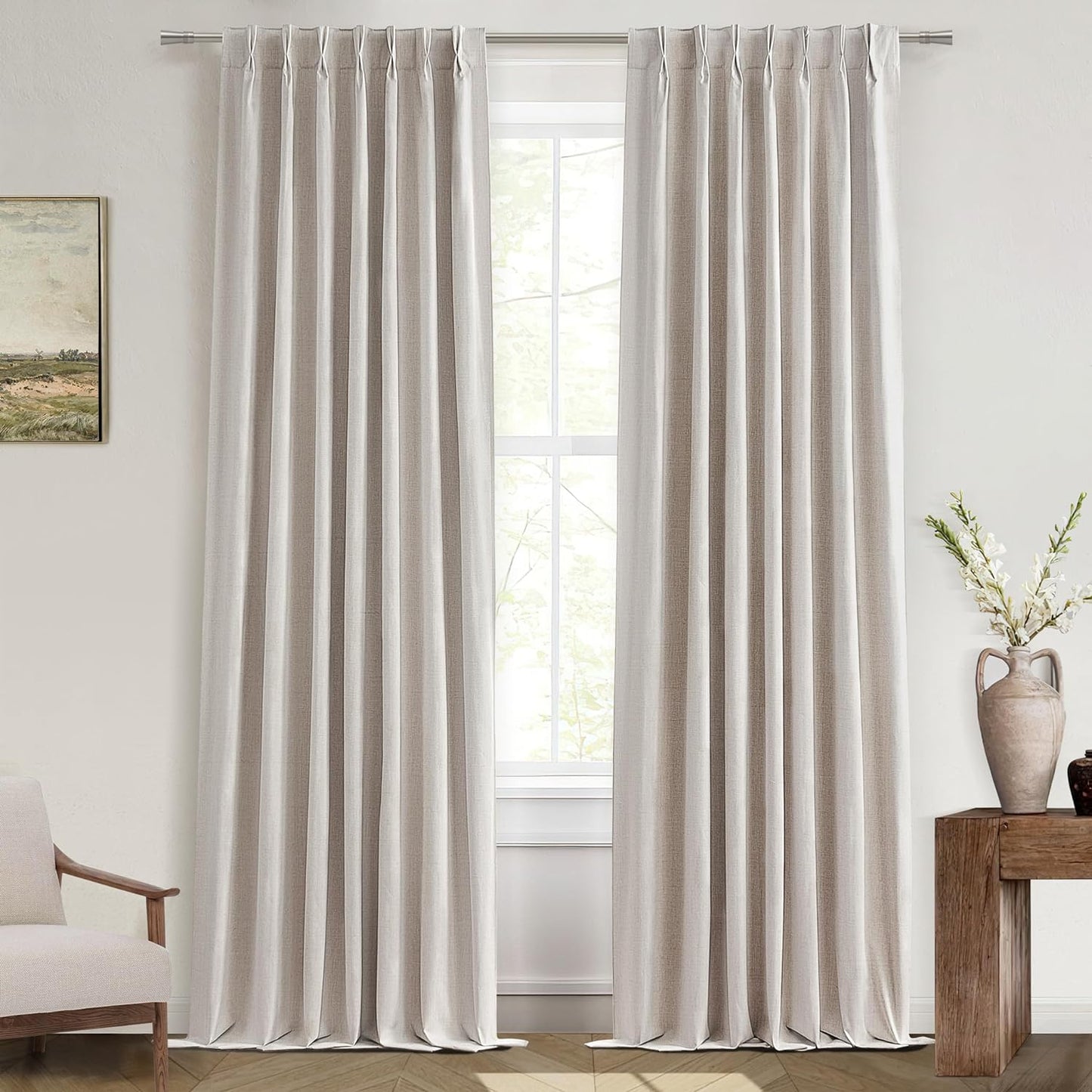Natural Linen Pinch Pleated Blackout Curtains & Drapes 94 Inch Long Bedroom/Livingroom Farmhouse Curtain 2 Panel Sets, Neutral Track Room Darkening Thermal Insulated Back Tab Window 40"x94"
