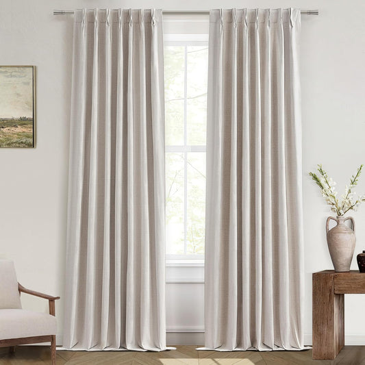 Extra Long Blackout Pinch Pleated Luxury Curtains 132 Inch Long for Living Room, Rustic Country Natural Linen Thick Office Sound Proof Privacy with Floor to Ceiling Drapes 11 FT W40"xL132"x2 Panels