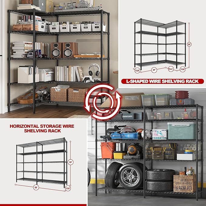 REIBII1450LBS Metal Shelving Unit Storage Shelves 5 Tier Wire Shelving 58.1''W Pantry Shelves Wire Shelf Adjustable Garage Shelving Heavy Duty Storage Rack for Pantry Kitchen Garage, Black，2 Pack