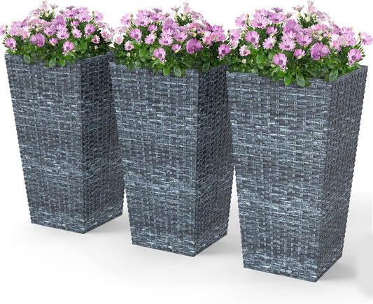 Outsunny Tall Planters for Outdoor Plants Set of 3, 24 in Taper Planters with Drainage Holes, Rattan Decor Plant Pots for Indoor Outdoor Front Porch Patio Backyard, Gray