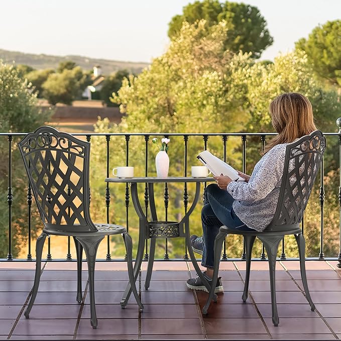 NUU GARDEN 3-Piece Patio Bistro Set Outdoor Cast Aluminum Bistro Table and Chairs Set of 2, Outdoor Patio Bistro Set with Umbrella Hole for Patio Balcony, Black