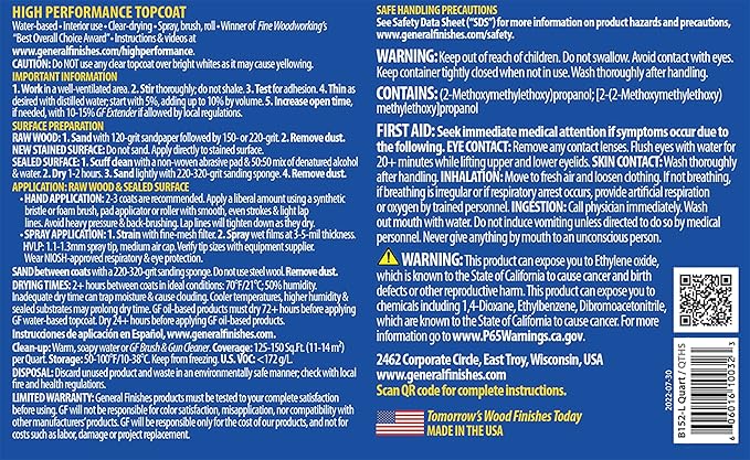 General Finishes High Performance Water Based Topcoat, 1 Quart, Satin