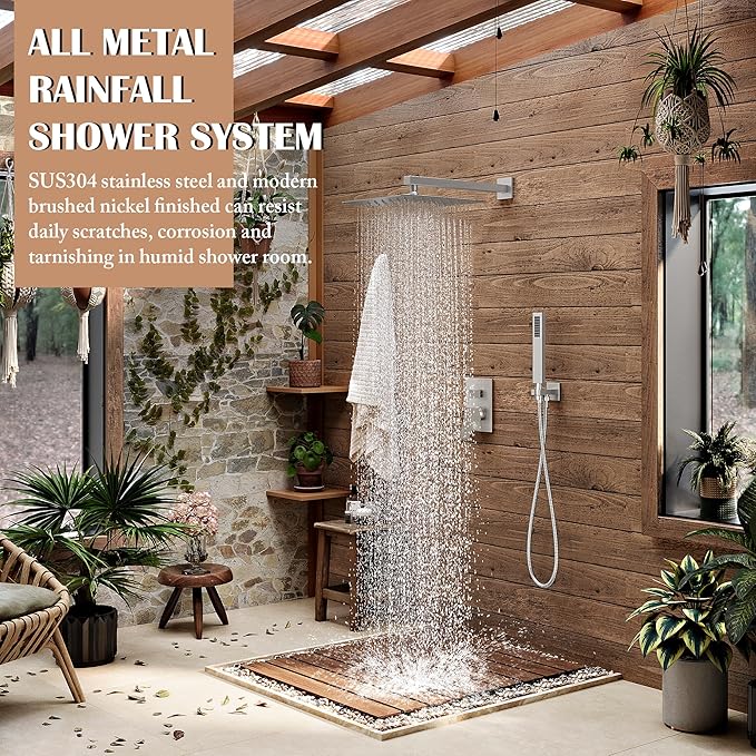 Alesco Shower System, Brushed Nickel Shower Faucet Set with 10-Inch High-Pressure Rainfall Showerheads and Handheld Spray combo, Showerfixture Include Valve and Trim Kit, Brushed Nickel