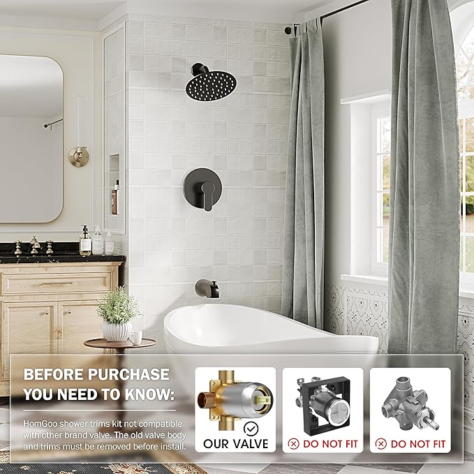 Tub Shower Faucet, Matte Black Shower Faucet Set with 6-Inch Rainfall Shower Head and Tub Spout, Shower Tub Faucet Set Complete (Included Shower Valve), Tub Shower Trim Kit, Matte Black