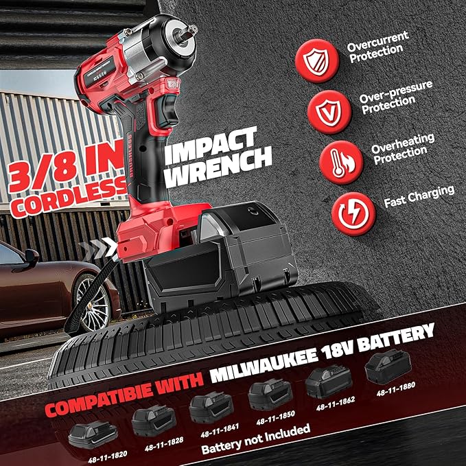 Cordless Impact Wrench Compatible with Milwaukee 18v Battery: 250Ft-lbs(340N.m) 3/8" Brushless Electric Impact Gun, 2400RPM High Torque Impact Driver, Power Impact Wrench, Bare Tool