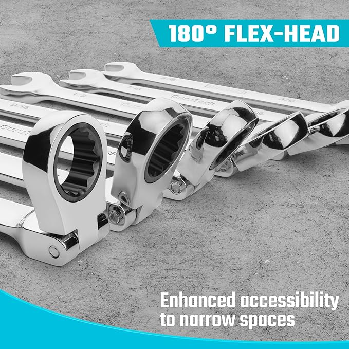 DURATECH Flex Head Ratcheting Wrench Set, Combination Wrench Set, 22-piece, Metric & SAE, 1/4" to 3/4" & 6-18mm, CR-V Steel, Mirror Polished, with Pouch