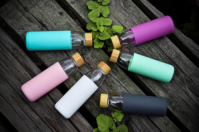 veegoal Glass Water Bottles 25 Oz Borosilicate with Bamboo Lid, BPA-FREE, Non-Slip Silicone Sleeve, and Stainless Steel Leak Proof Lid - Reusable Glass Bottle for Men and Women