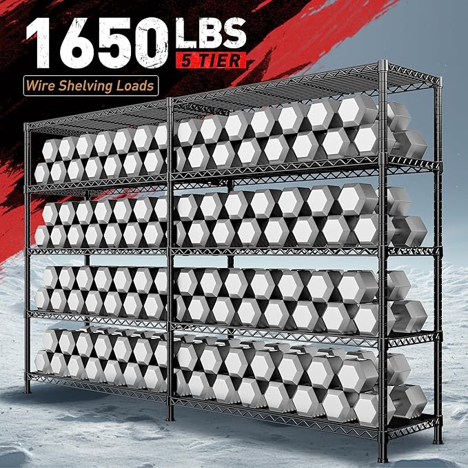 REIBII 73''W Storage Shelves Load 1650 LBS Metal Shelving 5-Tier Wire Shelving Unit for Storage Rack Adjustable Heavy Duty Metal Shelves for Pantry Kitchen Garage, 17.7" D x 73" W x 71" H，2PCS