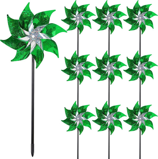 Hausse 10 Pack Reflective Pinwheels Holiday Decor, Extra Sparkly Wind Sculptures for St. Patrick's Day Decorations Party Supplies, Deterrent to Scare Birds Away from Garden Yard Patio Farm, Green
