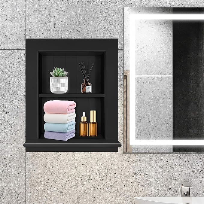 Royxen Bathroom Medicine Cabinet 14 x 18 Inch, Recessed, Large 2-Tier, Black