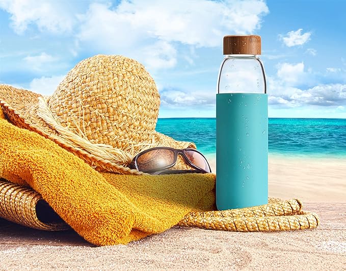 veegoal Glass Water Bottles 18 Oz Borosilicate with Bamboo Lid, BPA-FREE, Non-Slip Silicone Sleeve, and Stainless Steel Leak Proof Lid - Glass Water Bottle for Men and Women