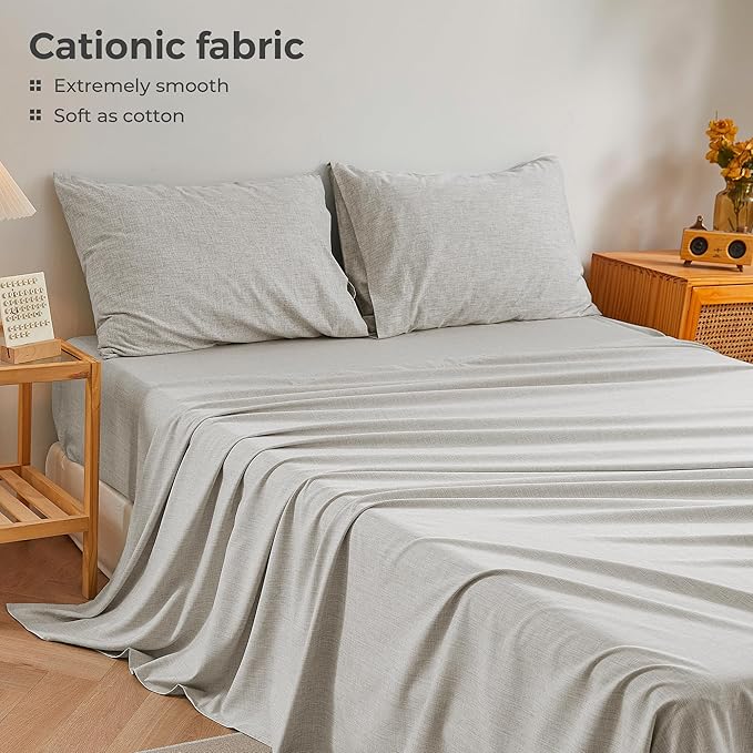 Full Sheets Light Grey, Ultral Soft Cationic Linen Look Sheets, Luxury Cooling Cozy Bed Sheet Set with Non-Slip Fitted Sheet