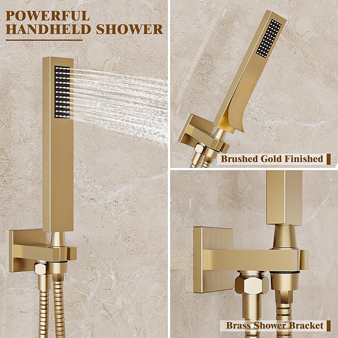 Alesco Shower System, Gold Shower Faucet Set with 10-Inch High-Pressure Rainfall Showerheads and Handheld Spray combo, Showerfixture Include Valve and Trim Kit, Brushed Gold