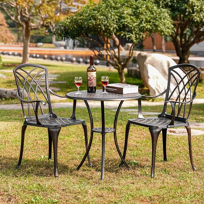 3 Piece Bistro Patio Set Cast Alumiunm Patio Furniture Set,All Weather Bistro Table and Chairs Set of 2 with 1.97" Umbrella Hole,Outdoor Patio Bistro Sets for Garden（Antique Bronze）