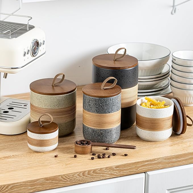 Large Storage Containers with Lids, Ceramic Coffee Container Kitchen Food Storage Jars for Spice Sugar Tea Bag, Stackable Decorative Jars for Counter, 61oz