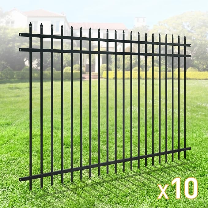 Fencer Wire Pack of 10 Heavy Duty Pinnacle Fence Barrier Panel, 5FT Height X 8FT Width Anti-Rust Metal Fencing Panel, 2” Diameter Steel Outdoor Decorative Garden Fence Panel for Yard, Pool, Patio
