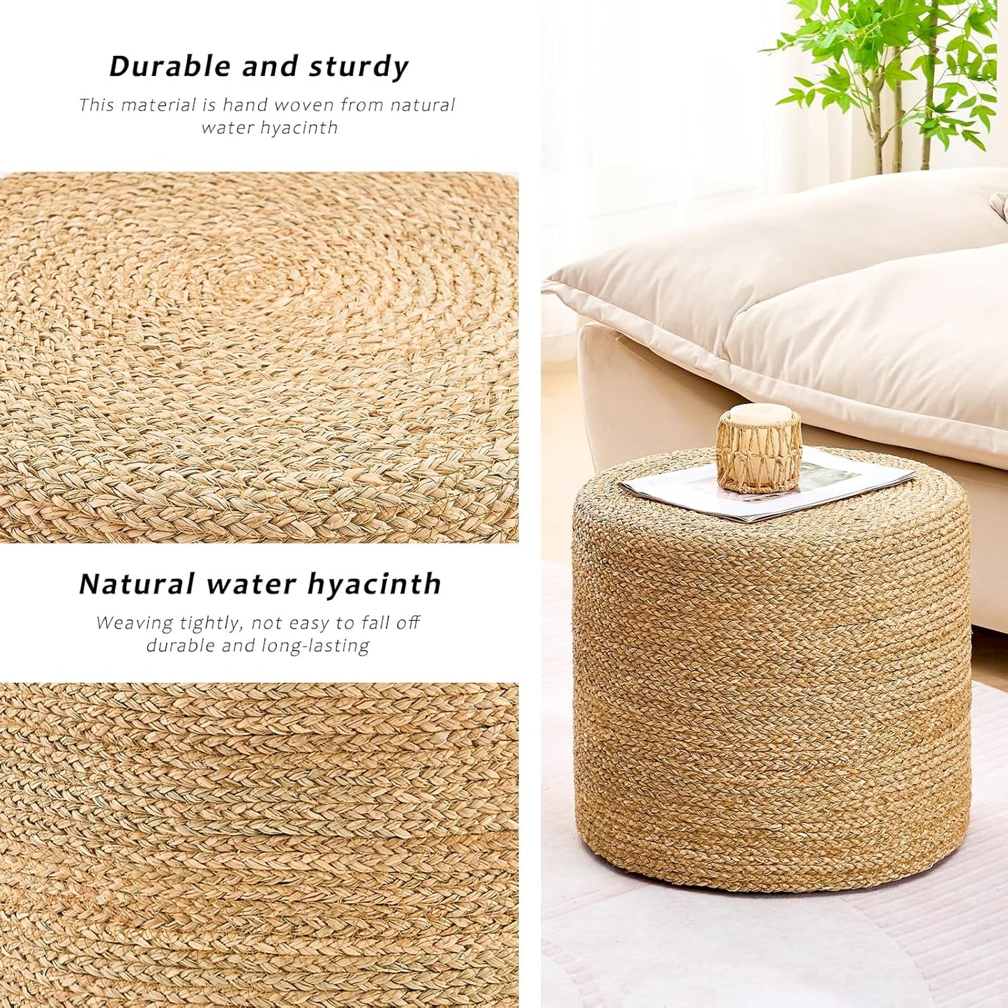 Handwoven Ottoman Pouf, Natural Seagrass Footstool, Round Braided Outdoor Seat with Sturdy Frame, Boho Accent Stool for Patio, Balcony, or Garden (Seagrass)