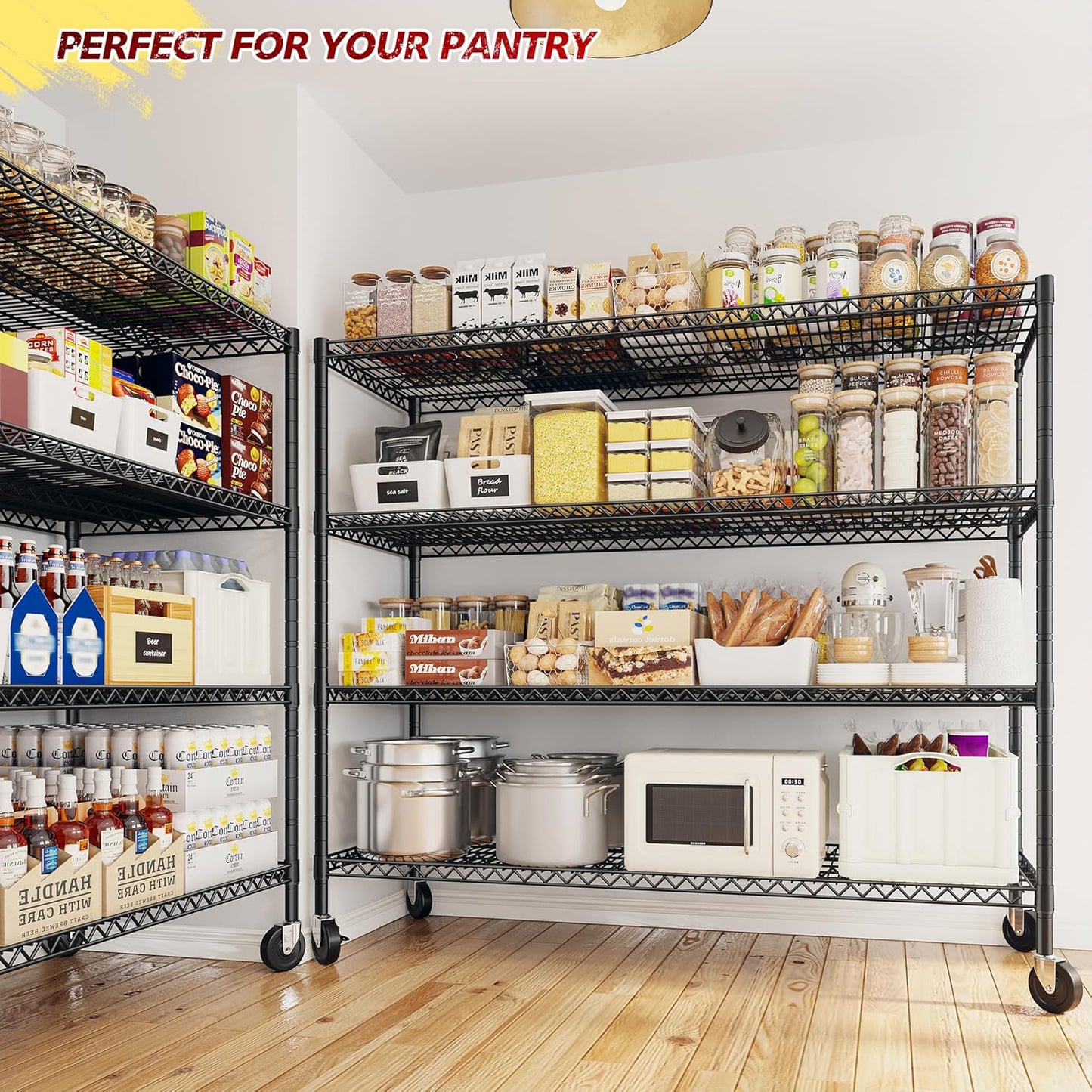 REIBII 55.5''W Storage Shelves 2500LBS Wire Shelving Rack with Wheels 75.6" H Heavy Duty Shelving Unit Adjustable Metal Shelves for Storage Rack Shelving for Kitchen Pantry 2PCS
