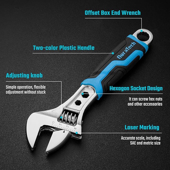 DURATECH 6 Inch Adjustable Wrench, 3-in-1 Spanner with Box End/Hex Function, CR-V Steel, Metric & SAE Scales, Chrome-plated, Bi-material soft Grip
