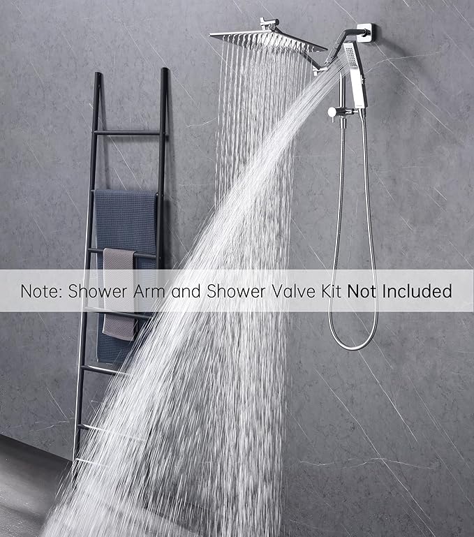 G-Promise All Metal 10 Inches Rain Shower Head with Handheld Built-in Power Wash Mode, 3-way Diverter with Pause Setting, 11 Inches Adjustable Extension Arm with Lock Joint, Long Hose (Chrome)