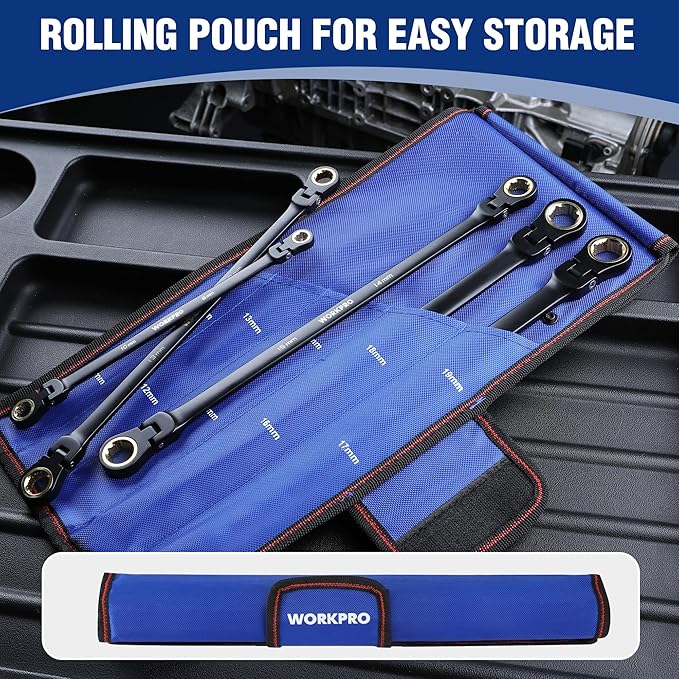 WORKPRO Extra Long Flex-Head Ratcheting Wrench Set, 5-piece Anti-Slip Double Box Wrenches Set, Metric 8-19 mm, 72-Teeth, Cr-V Steel and Black Electrophoretic Coating Wrenches with Rolling Pouch