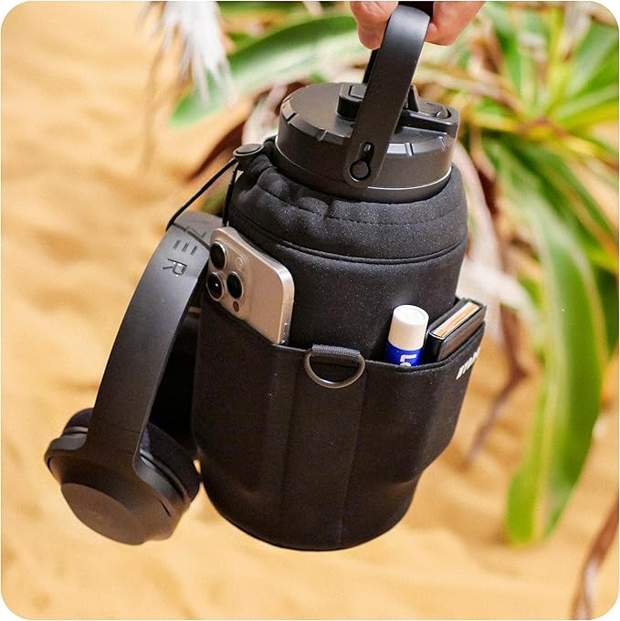 Hydro Gallon® Nomad - Insulated 64oz Half Gallon Water Bottle Jug with Sleeve, Straw Lid, Handle, Strap, Pockets. Large Stainless Steel Metal Gym Thermos. Wide mouth, Leakproof, BPA free. 62oz (Black)