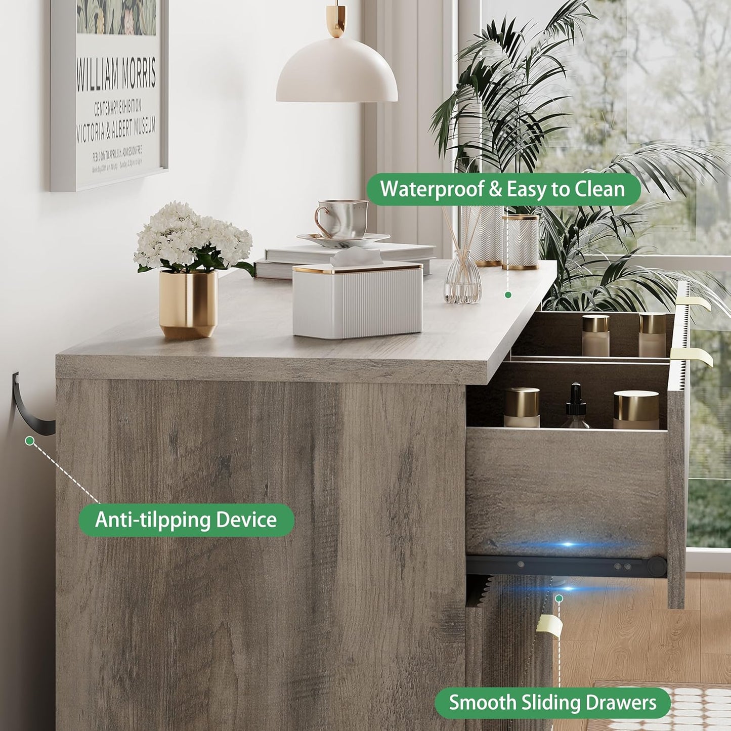 Fluted Dresser for Bedroom with 6 Drawers, 48" Wide Modern Chest of Drawers with Metal Handle, Wooden Dresser TV Stand, Wood Closet Clothes Storage Organizer for Living Room, Hallway, Grey