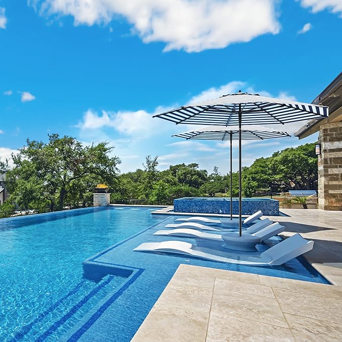 Midtown Umbrellas Push and Pop 10 Feet Outdoor Umbrella, Navy Stripes Polyester Fabric - Fiberglass Ribs Deck Patio Umbrella, Backyard Umbrella, Garden Umbrella & Pool Umbrella - Black Pole