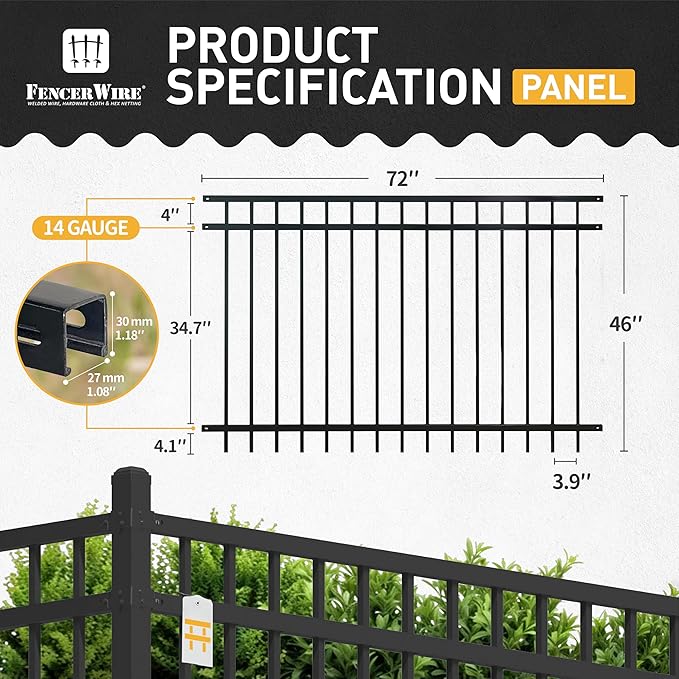 Fencer Wire Heavy Duty Flat Top Fence Barrier Panel, 4FT Height X 6FT Width Anti-Rust Metal Fencing Panel, 2” Diameter Steel Outdoor Decorative Garden Fence Panel for Yard, Pool, Patio, Single Panel