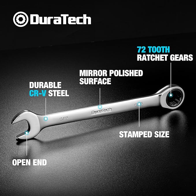 DURATECH 9/16" Ratcheting Combination Wrench, SAE, 72-Tooth, 12-Point, CR-V Constructed with Mirror Polish