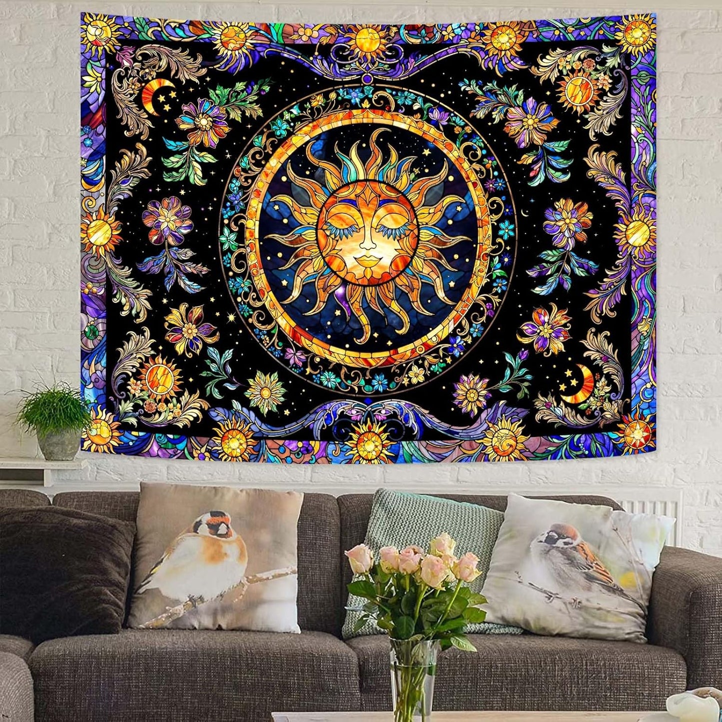 Lunerfex Sun Tapestry Stained Glass Tapestry Wall Decor Tapestries for Bedroom Boho Tapestries Wall Hanging for Bedroom Living Room Glass-Sun-01 70"x90"