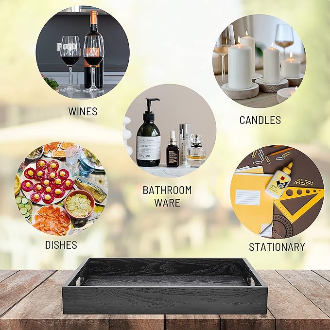 Wood Serving Tray with Handles, Home Decorative Wooden Rectangle Ottoman Decor Platter Vanity Tray for Breakfast Dinner Drinks Kitchen Dining Living Bathroom Restaurants Black