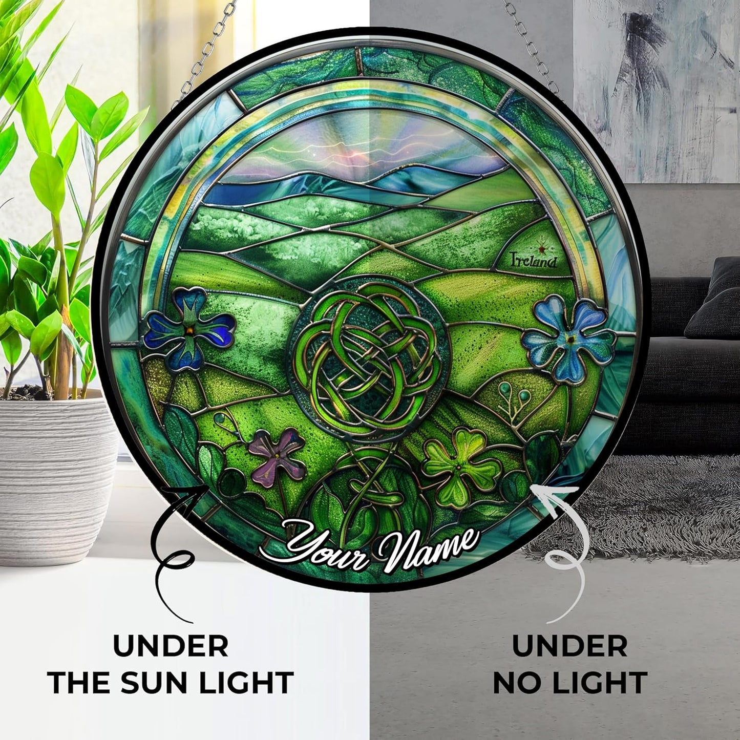 Ireland Stained Glass Sun Catcher, Custom Name Wall Hanging Colored Decor Room Indoor Window Decor, Halloween, Christmas Hanging Ornament Mother Day