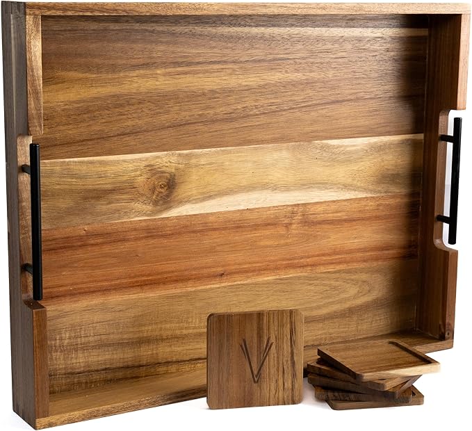 Acacia Wooden Ottoman Tray for Living Room – 21" Large Coffee Table Serving Tray with Handles & 6 Coasters Set, Perfect for Food, Drinks, Kitchen, and Home Decor