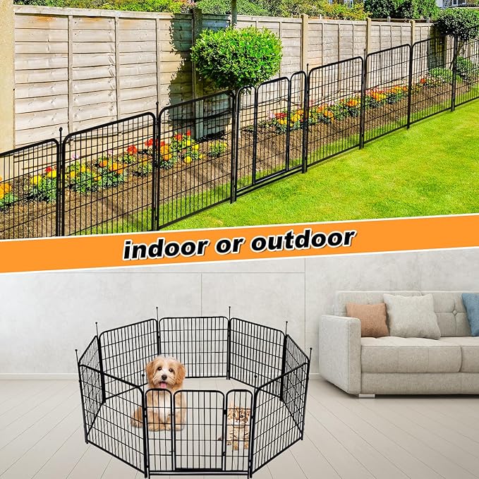 36 in(H) Garden Fence With Gate, Wide Gate Low Threshold, 8 Panels Total 17.7 ft(L) Heavy Duty Iron Animal Barrier Fence For Yard, Suitable For Indoor Or Outdoor Dog Fencing,Garden Border Fence