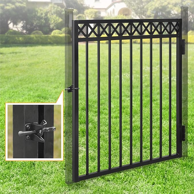 Fencer Wire Heavy Duty Flat Top X-Pattern Decorative Fence Gate, 4FT Height x 4FT Width Outdoor Fence Gate, Outdoor Anti-Rust Metal Steel Gate for Fencing Barrier, Garden Gate with Gate Lock