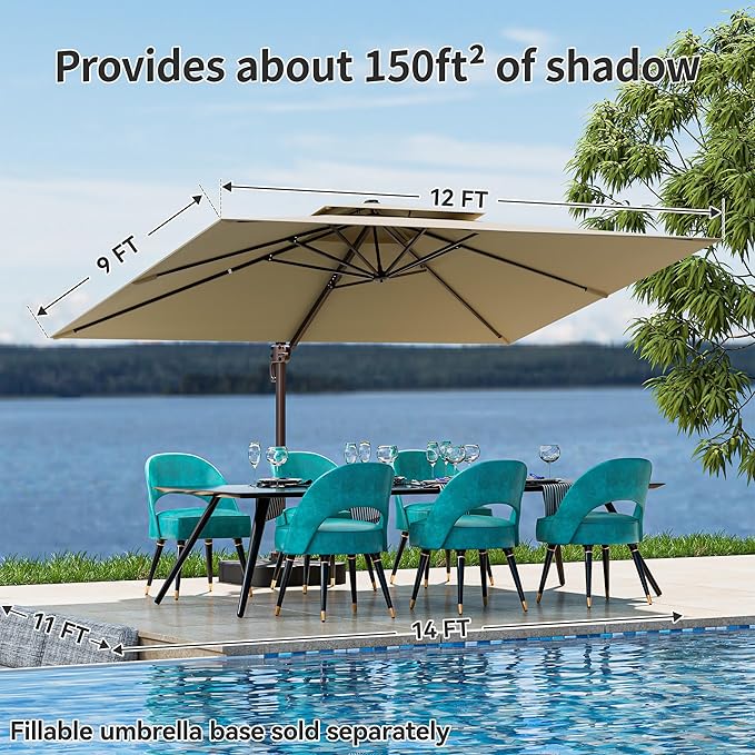9x12FT Beige Cantilever Outdoor Patio Umbrella with Base, Large Rectangular Offset Design, Double Top Heavy Duty Aluminum Frame & 360° Rotation for Pool Garden Deck Backyard