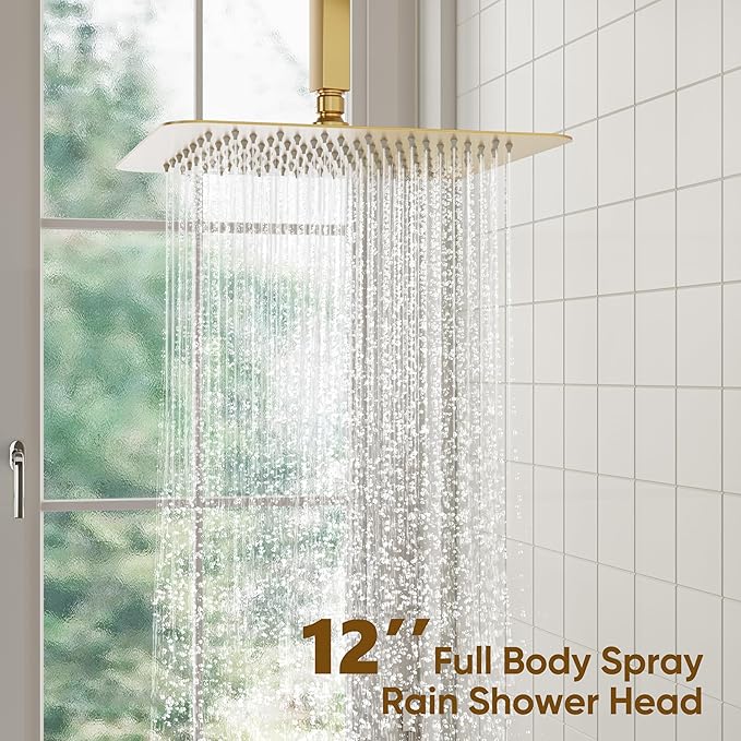 ESNBIA Gold Shower Head System, All Metal 12 Inches Ceiling Shower Faucet Set with Valve, Rain Shower Head with Handheld Spray Combo, Brushed Gold