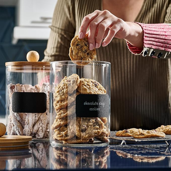 Set of 2 Large Glass Canisters for Kitchen Counter with Airtight Bamboo Lids + Marker & Labels - Cookie Jars with Wooden Lid, Food Storage Containers for Pantry, Flour Pasta Candy Coffee Pods - 68oz.