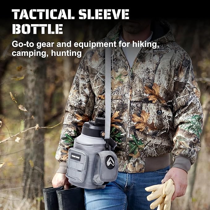 TRIBE WOD Tactical Water Bottle - 64 oz - Outdoor Military Water Bottles Stainless Steel - Double-Wall Jug with Rugged Strap and Removable Sleeve for Keys, Wallet, Phone (Ash Grey)
