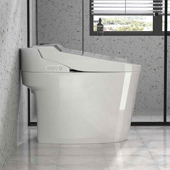 Smart Toilet, Heated Toilet Seat with Nightlight, One Piece Toilet for Bathroom, Tankless Toilets for Bathroom with Foot Sensor, LED Display, Warm Water and Dry, Remote Control
