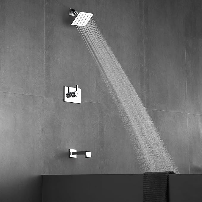 Shower Faucet Set, Tub Shower Faucet with 6-Inch Rainfall Shower Head and Tub Spout, Shower Tub Faucet Set Complete (Included Shower Valve), Tub Shower Trim Kit, Polished Chrome