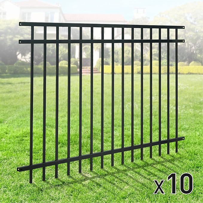 Fencer Wire Heavy Duty Flat Top Fence Barrier Panel, 4FT Height X 6FT Width Anti-Rust Metal Fencing Panel, 2” Diameter Steel Outdoor Decorative Garden Fence Panel for Yard, Pool, Patio, Pack of 10