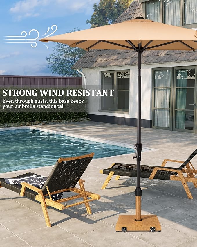 42lbs Patio Umbrella Base with Wheels - Heavy Duty Outdoor Patio Market Umbrella Stand for Deck, Poolside, Balcony, Wind-Resistant Design, Decorative Wood Pattern