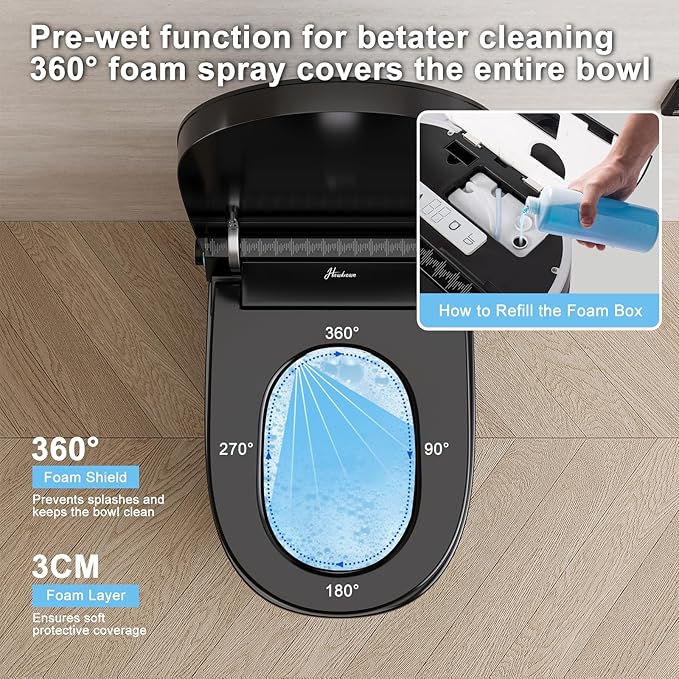 Smart Toilet with Built-in Tank and Air Boost Pump, Powerful Flush, Auto Open/Close Lid, ADA Height Heat Seat, Tankless Toilet with Instant Warm Water Cleaning Foam Dispenser (Black)