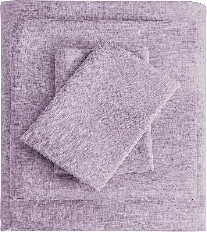 Full Sheets Purple, Ultral Soft Cationic Linen Look Sheets, Luxury Cooling Cozy Bed Sheet Set with Non-Slip Fitted Sheet