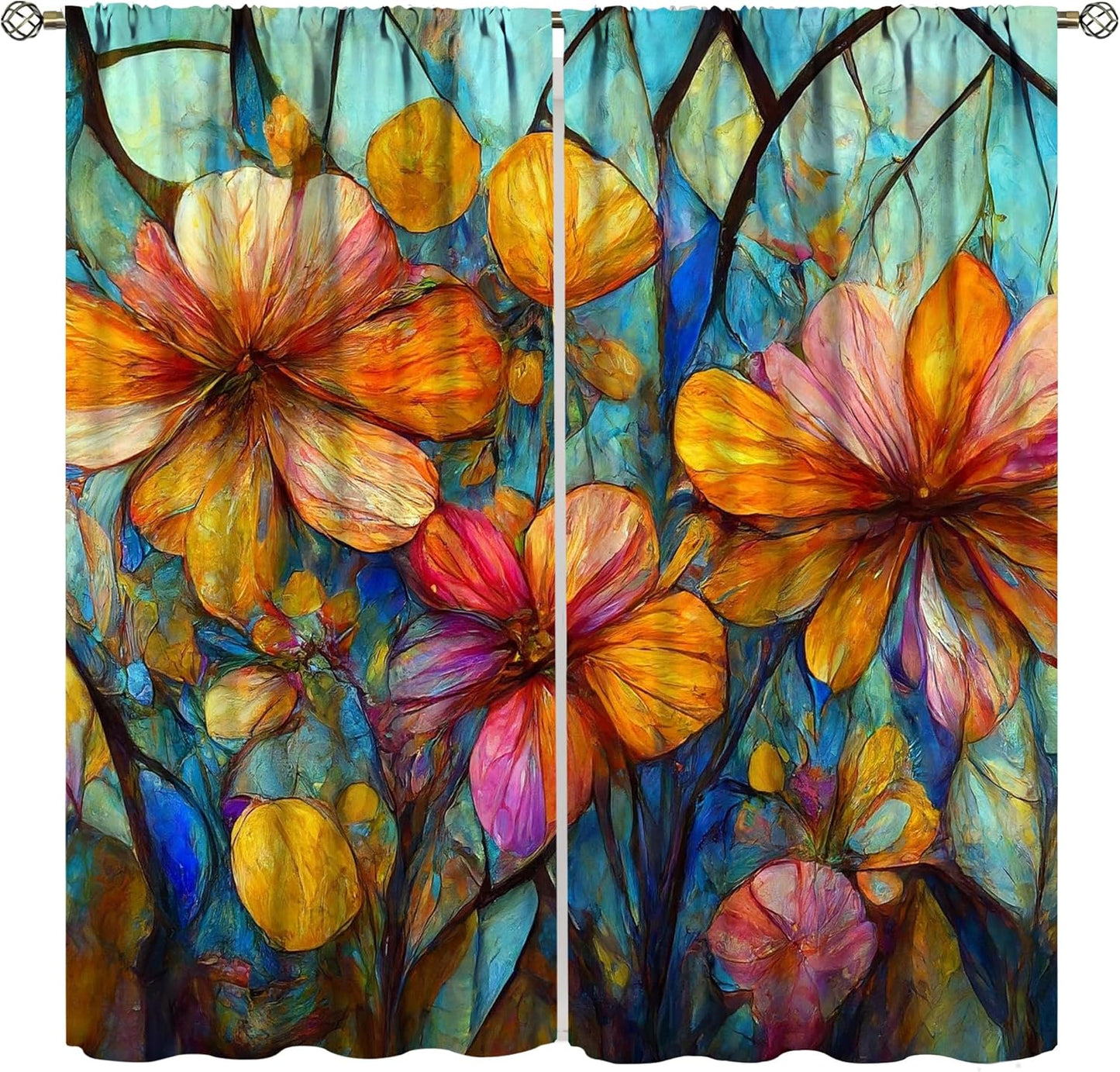 Stained Glass Curtains,Magic Forest Colorful Flowers Abstract Art Home Decor Drapes for Bedroom Living Room Kitchen Window Treatment 2 Panels Set Total Size 72" W X 63" L Inch
