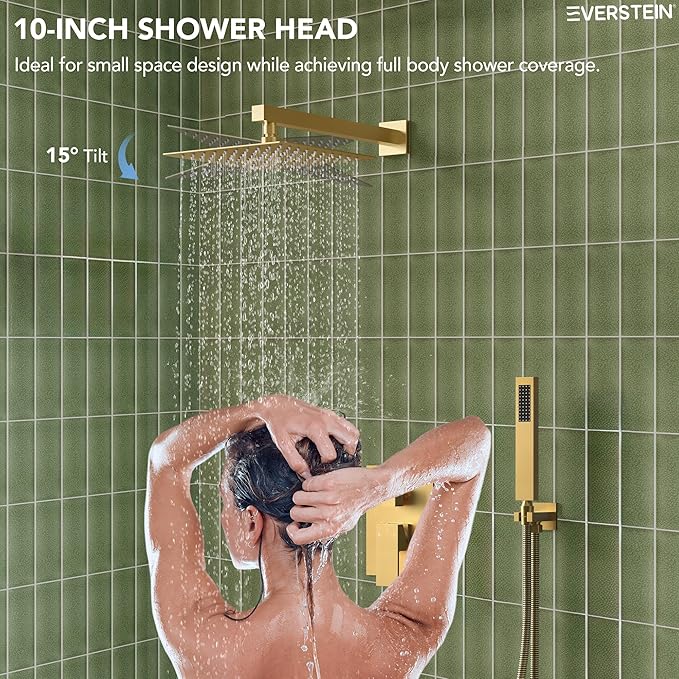 Shower Tub Faucet Set, 10" Bathroom Rainfall Shower Head Fixtures Combo with Handheld Spray and Tub Spout, Brushed gold